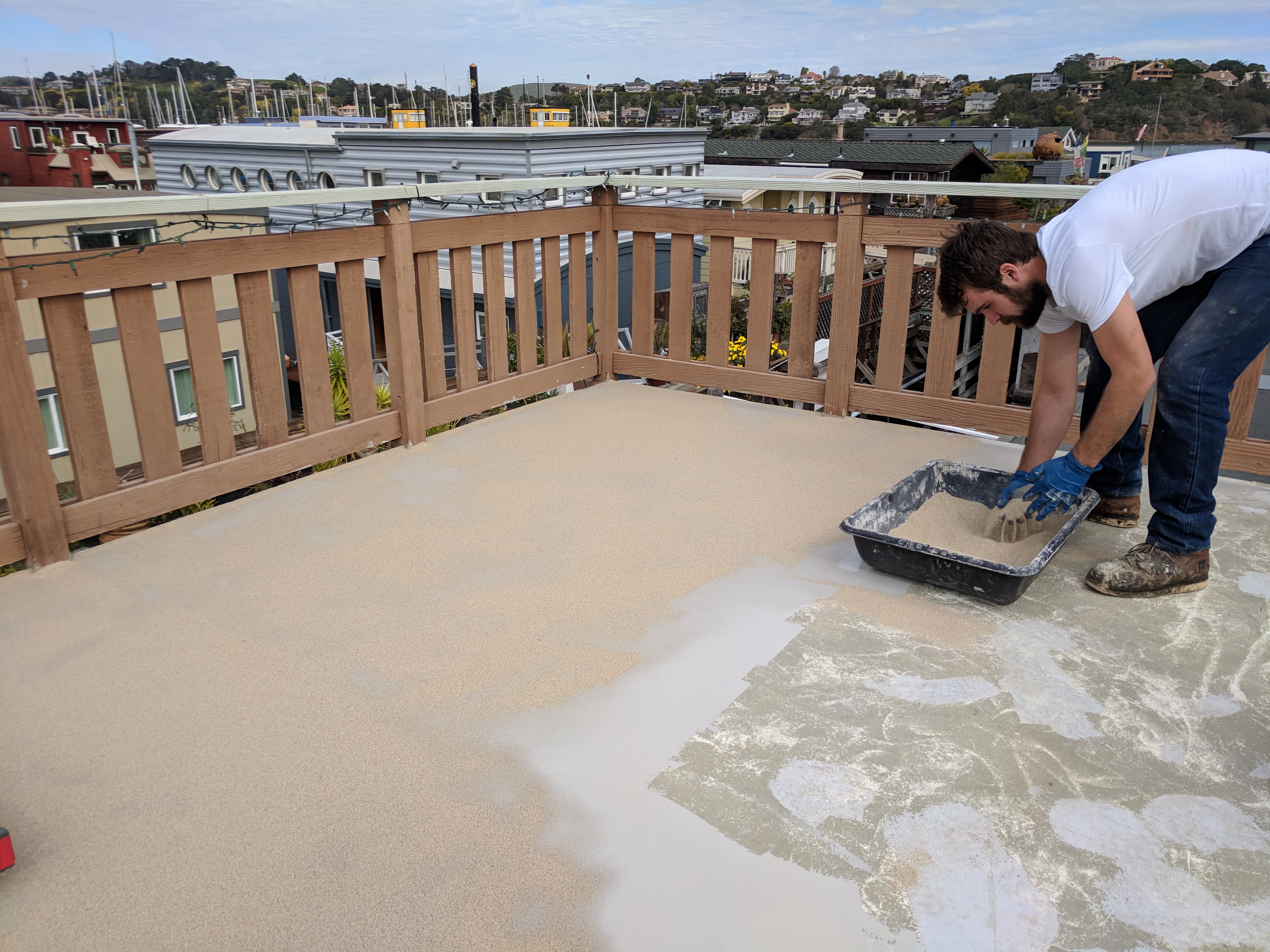 Applying the sand coat to a deck in Sausalito, Marin County, CA